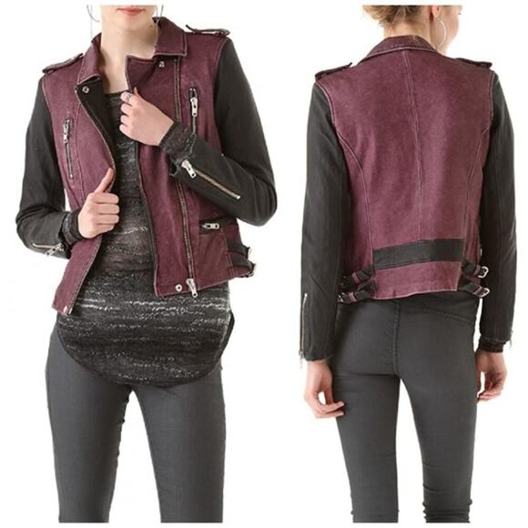 IRO Anabela Leather Biker Jacket Burgundy and Black Size 1